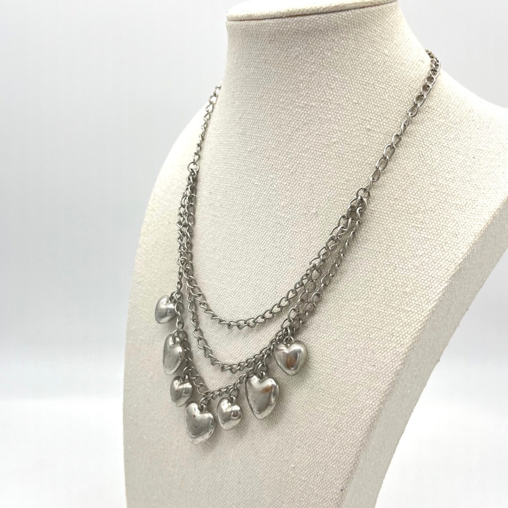 Silver Tone Multi Strand Heart Charm Necklace Layered‎ Choker Style - Picture 3 of 7